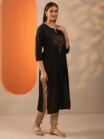 Black Embroidered Silk Blend Straight Kurta - Image 2